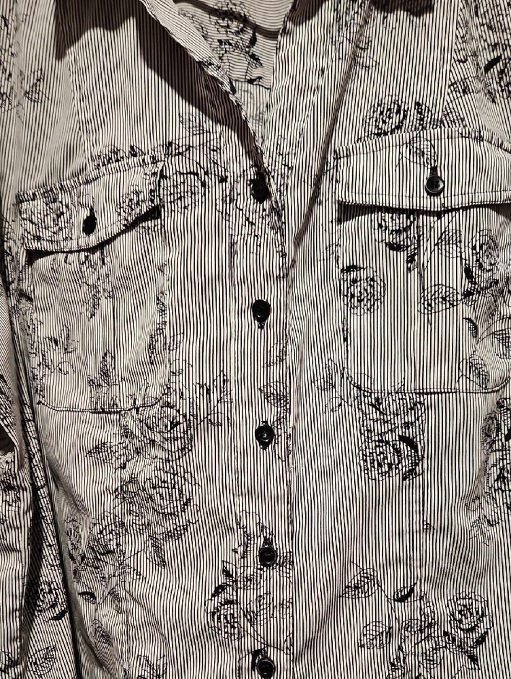 Striped Floral Button-Down Shirt - Beige/Black